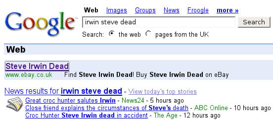 The Register search for Steve Irwin on eBay