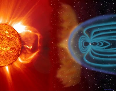 SOHO image of the Sun and an artist's impression of Earth's magnetosphere.