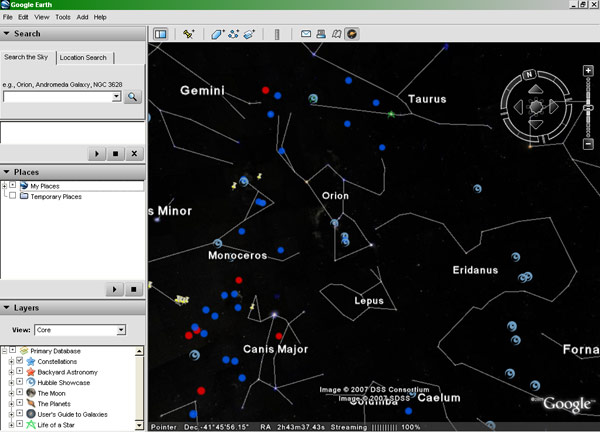 constellations in sky. Google Sky screen grab