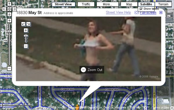 Street View screen-grab showing girl flashing her breasts