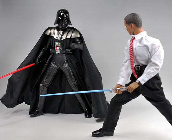 Obama with lightsaber battles Darth Vader