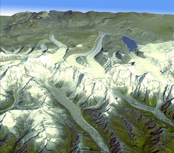 Himalayan glaciers feed many of the great rivers of southern Asia. Credit: NASA