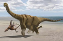 Artist's impression of thunder-thighs kicking a lesser dinosaur into touch. Pic: UCL