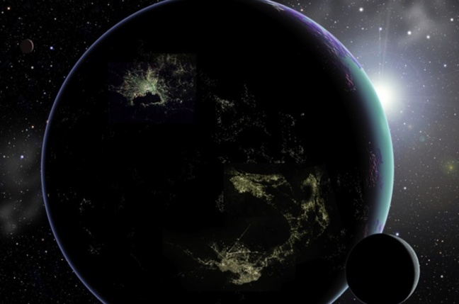 Concept art depicting the lights of an ET civilisation on an exoplanet. Credit: David A Aguilar (CfA)