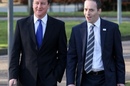 Prime Minister David Cameron arrives alongside BT CEO Ian Livingstone (right) at Adastral Park, BT&amp;#39;s global innovation and development centre in Ipswich, Suffolk