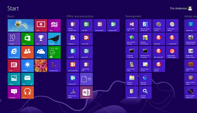 The Windows 8 Start screen lets you easily form tiles into thematic 