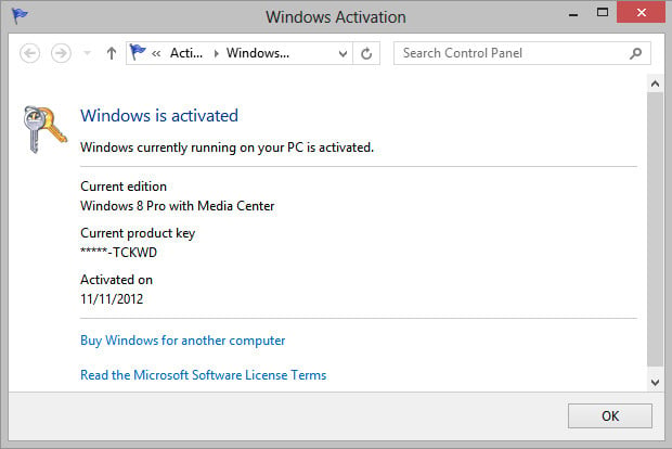 Dialog box showing Windows 8 Pro with Media Center activated