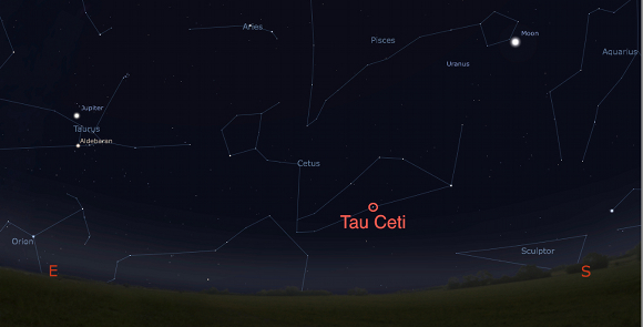 Image generated by Stellarium software showing Tau Ceti in the constellation of Cetus on from Hatfield, UK