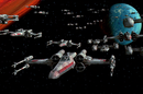 X-wing and Y-wing starfighters of the Rebel Alliance approaching the Death Star 