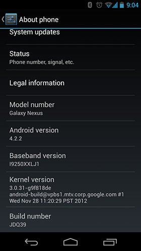 Screenshot showing Android 4.2.2 update completed