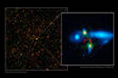  A pair of merging galaxies in the young Universe discovered with Herschel (left panel) and imaged at higher resolution at near-infrared, sub-millimetre and radio wavelengths (right panel). Credit: ESA/NASA/JPL-Caltech/UC Irvine/STScI/Keck/NRAO/SAO