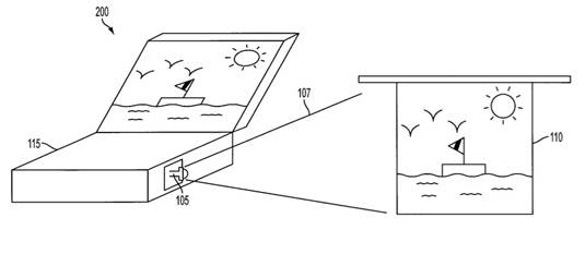 Illustration of pico projector–equipped laptop in Apple's patent, 'Display system having coherent and incoherent light sources'