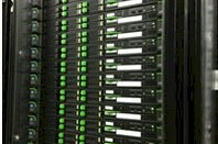 A rack of Primergy servers in a prefab data center at Yahoo! Japan