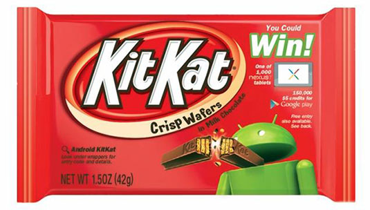 Photo of a US KitKat wrapper advertising an Android contest giveaway