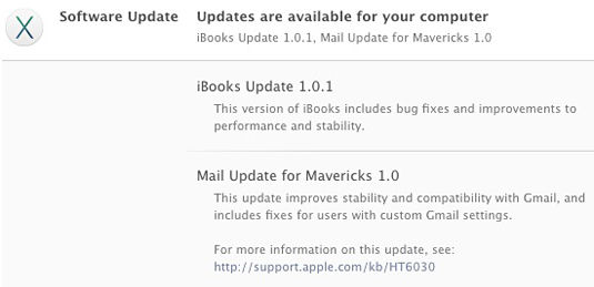 iBooks and Mail for Mavericks updates as listed in Apple's App Store Updates pane