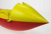 The painted nose of the Vulture 2, with its yellow upper and led underside