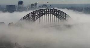 Sydney harbour bridge poking out of the clouds