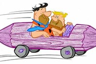 Barney Rubble driving with Fred Flinstone