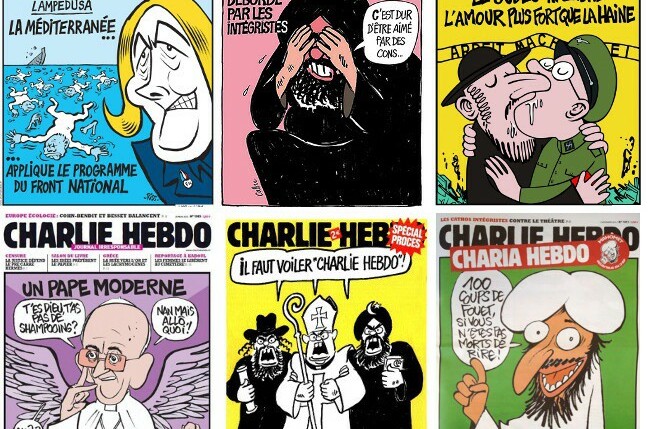 Montage of front covers from Charlie Hebdo magazine