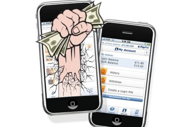 Cartoon of fist clutching dollars smashing out of smartphone