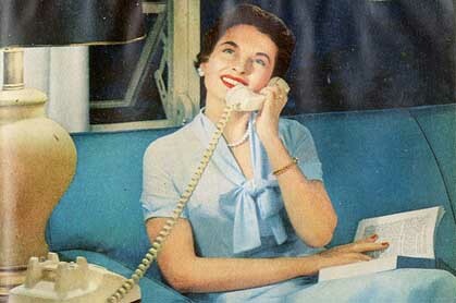 1950s style illustration - Smiling woman talks into rotary phone