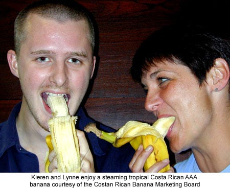Lynne Thomas and Kieren McCarthy eating bananas