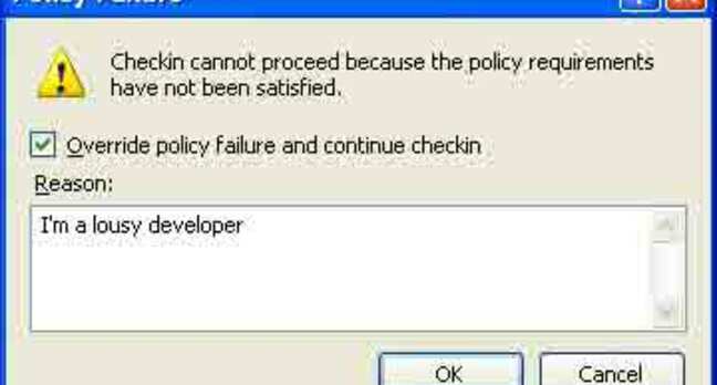 Screenshot showing overriding check-in policy in Team System.