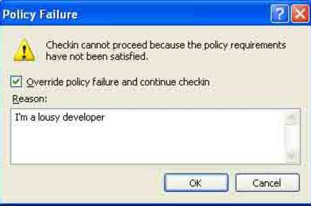 Screenshot showing overriding check-in policy in Team System.