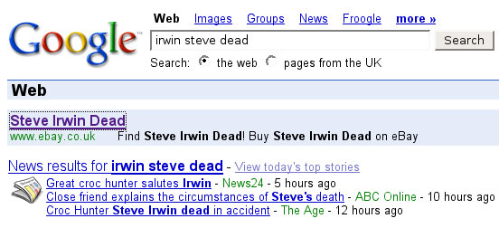 Buy Steve Irwin dead on eBay