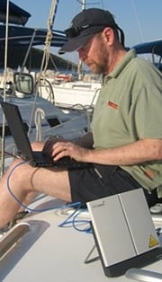 Guy Kewney and the Inmarsat Broadband Global Area Network satellite modem