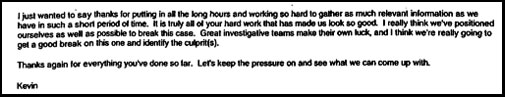 E-mail from Hunsaker thanking team for good work