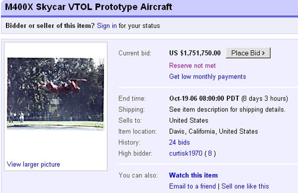 Moller flogs flying car on eBay