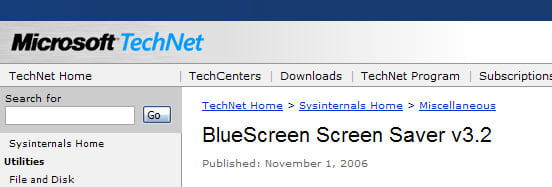 Microsoft Blue Screen Saver of Death - partial screenshot of MS site