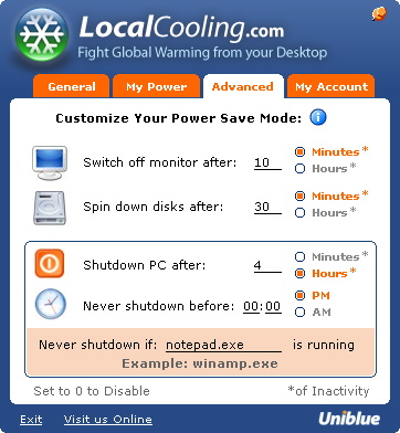 uniblue local cooling power-saving app