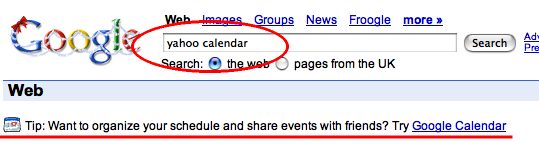 Screenshot of Google search results for ‘yahoo calendar’