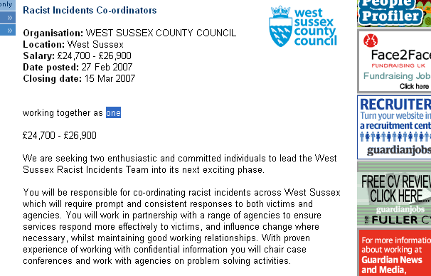Guardian job ad for West Sussex council racism coordinators. The text asks for people to coordinate racist incidents across the county