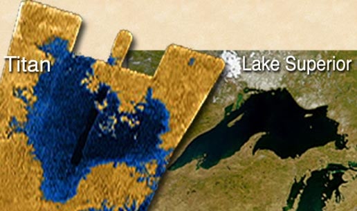 One of Titan's lakes compared with Lake Superior