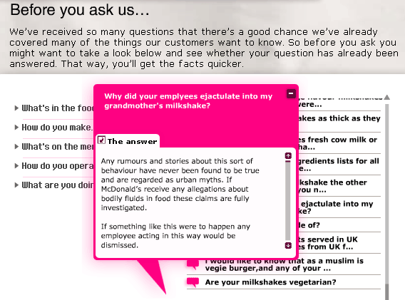 Why did your emplyees ejactulate into my grandmother's milkshake? asks McDonald's customer. They didn't, the company responds