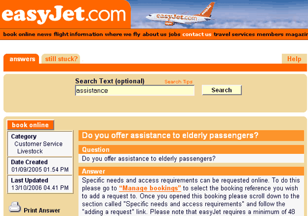 easyJet.com's answer to elderly passengers' assistance query classifies old timers as livestock
