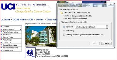 Screenshot of Cancer Center webpage offering Adobe Acrobat Professional