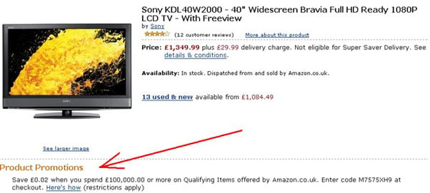 Amazon UK advert for sony TV - text at the bottom reads 'Product Promotion - Save £0.02 when you spend £100,000.00 or more on Qualifying Items'