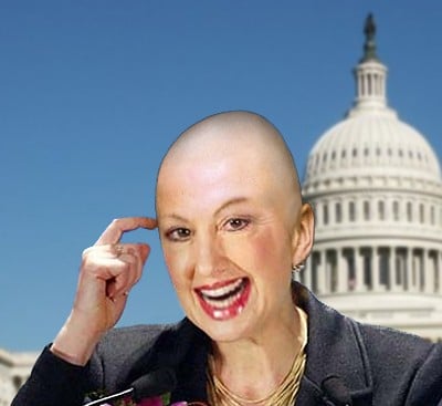 A bald Carly Fiorina superimposed over the Capitol building in DC
