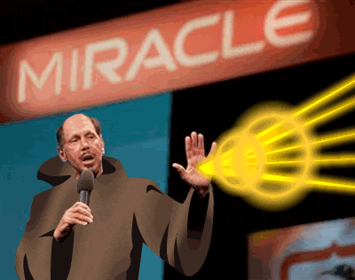 A monkish Larry Ellison in robes firing lasers form his hands