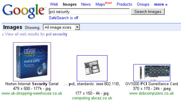 Google image search for 'PCI security' shows packet of Durex