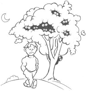 Thurber-esque cartoon of boy with hands in pockets walking past tree. He looks dismayed. Peeking out of the foliage are lots of eyes staring at him