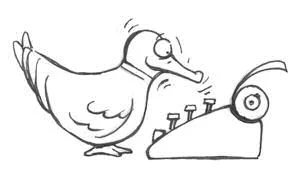 Thurber-esque cartoon of duck tapping typewriter