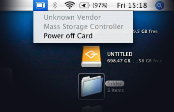 Sonnet Tempo ExpressCard 34 eSATA add-in - Mac OS X menu