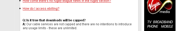 An image taken from Virgin media's wbsite, showing it has failed to update its customer information