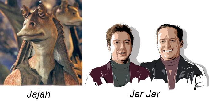 A picture of the founders of Jajah, and of the Star Wars character Jar Jar Binks