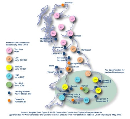 Potential and existing nuclear power station sites
